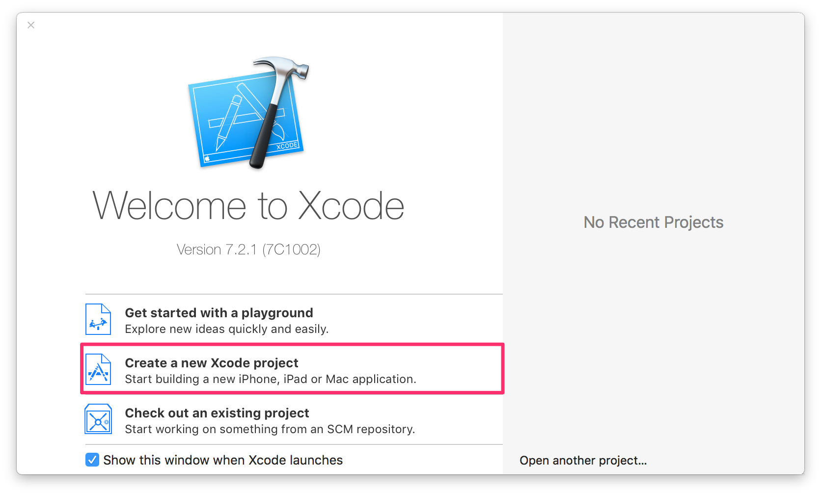 Welcome window in Xcode