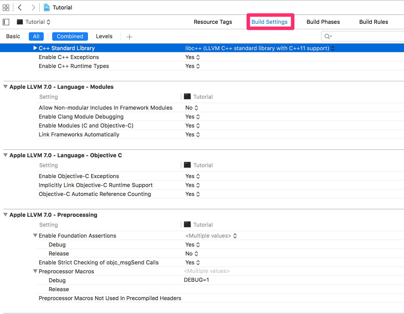 Setting the build settings in Xcode